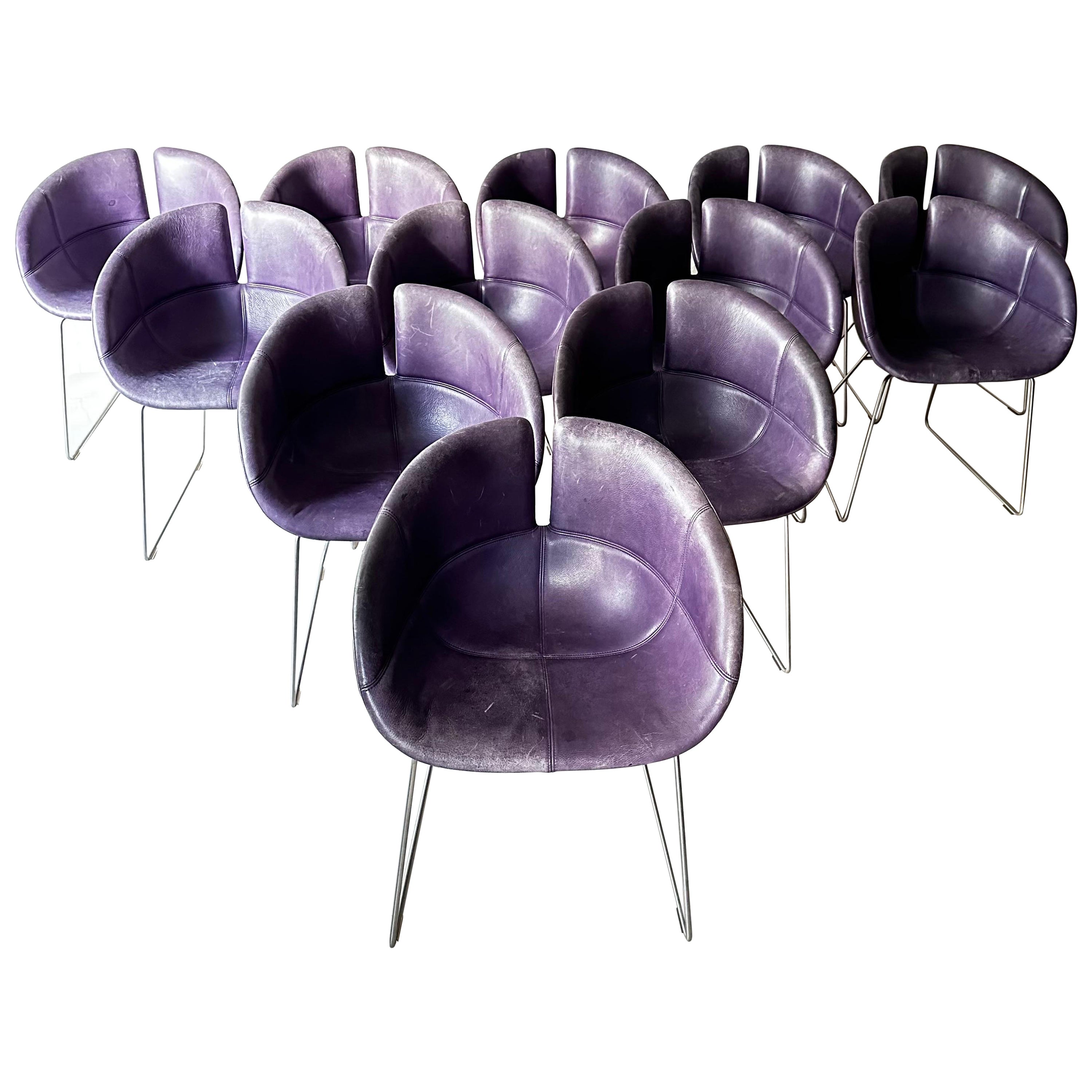 Set of 12 Moroso Dining Chairs in Purple Leather by Patricia Urquiola 2002 For Sale
