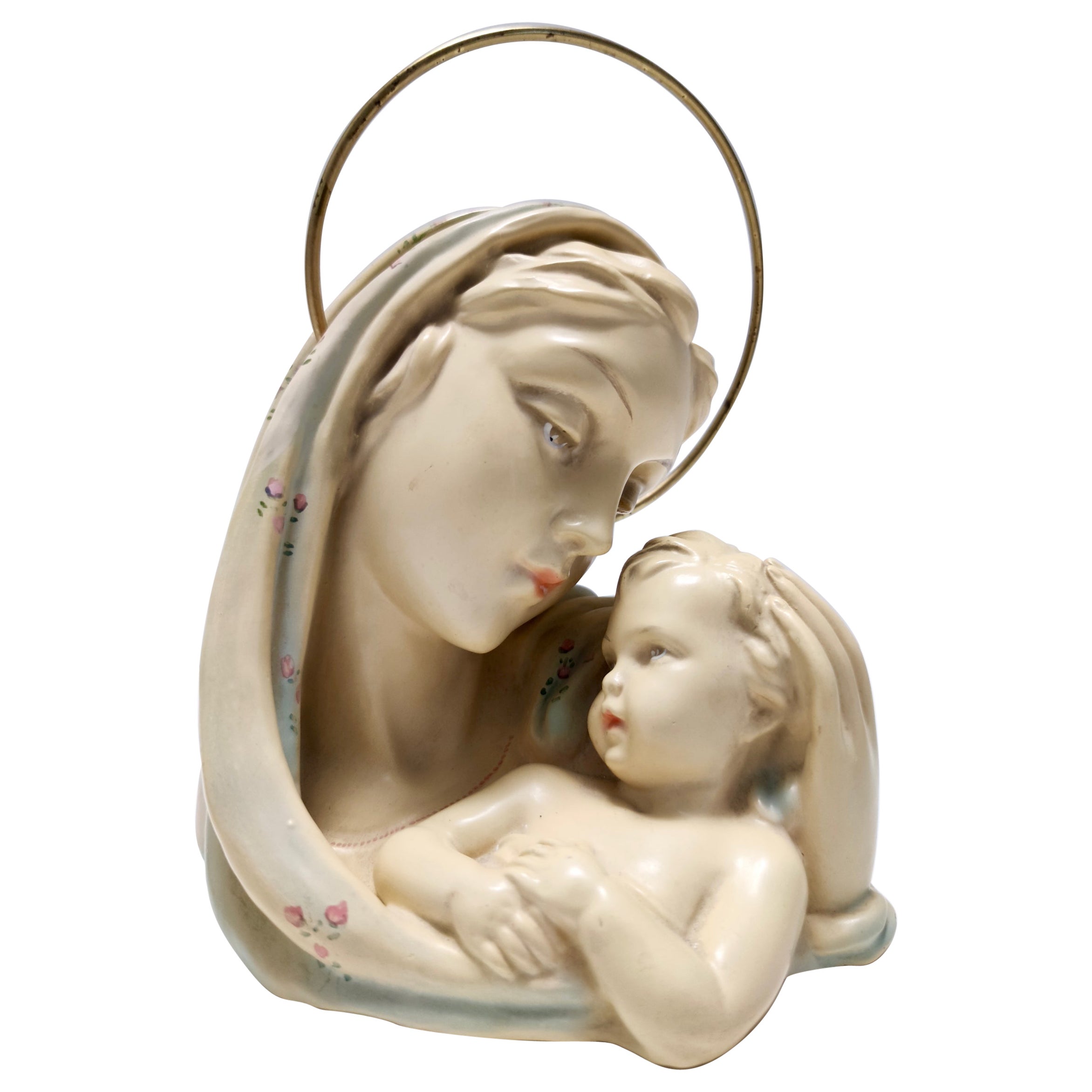 Vintage Glazed Ceramic and Brass Holy Mary and Jesus by Arturo Pannunzio, Italy