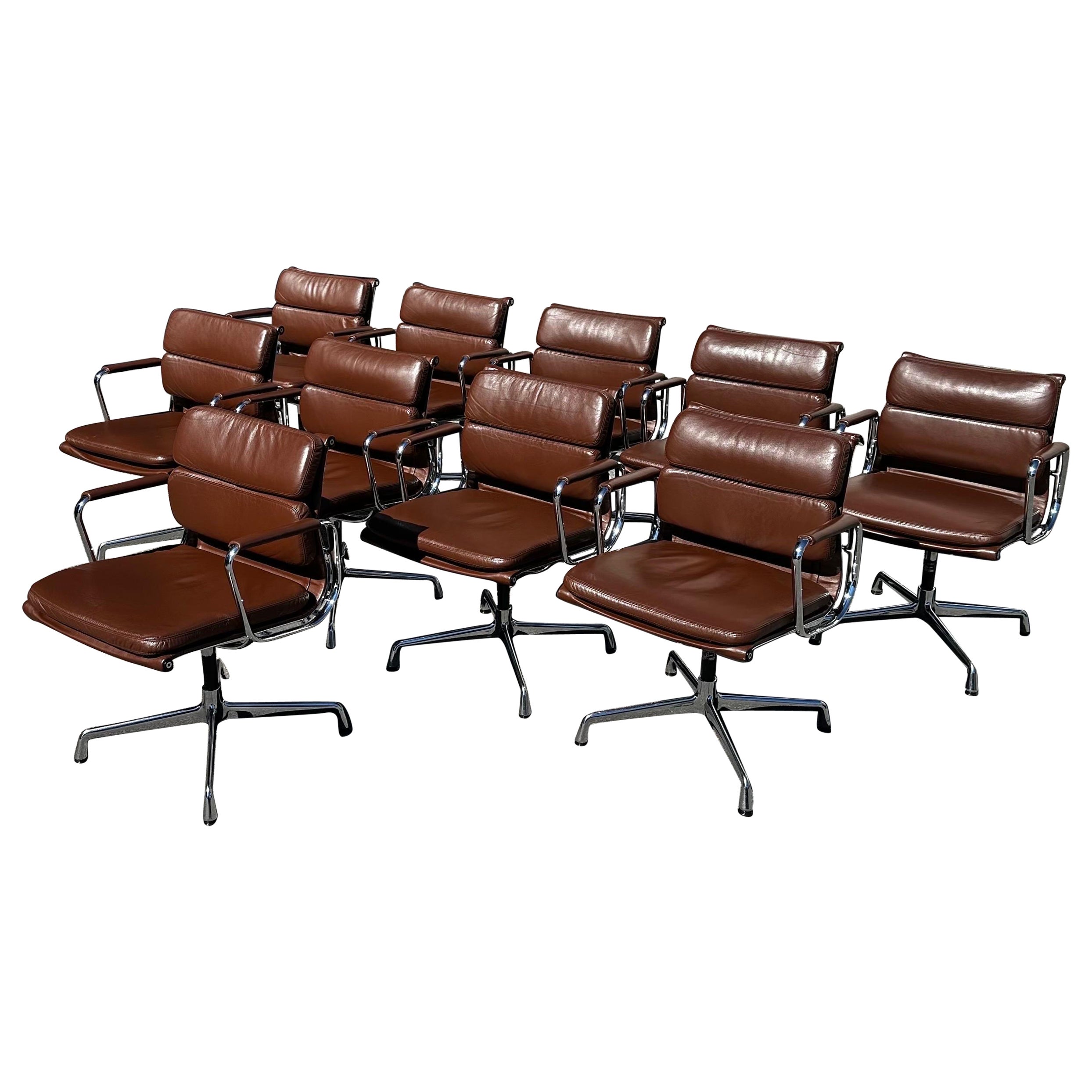 Charles Eames for Vitra EA208 Soft Pad Chair in Cognac Brown Leather, Set of 10
