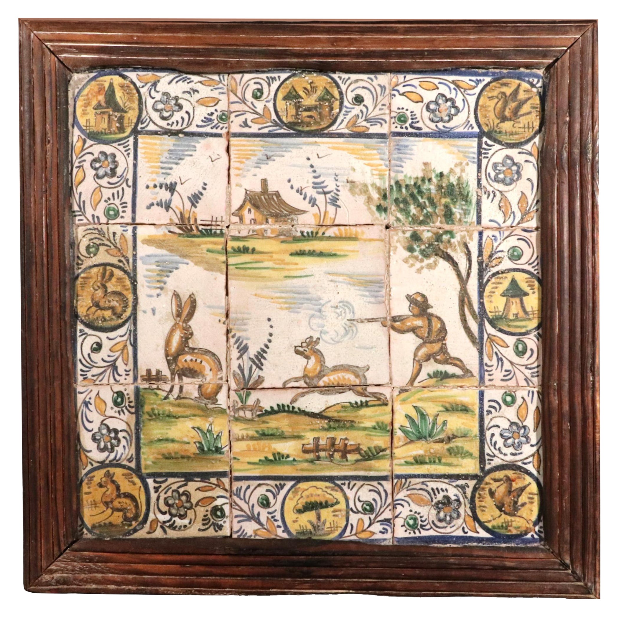 Spanish Catalan Faience Rabbit Hunting Tile Picture