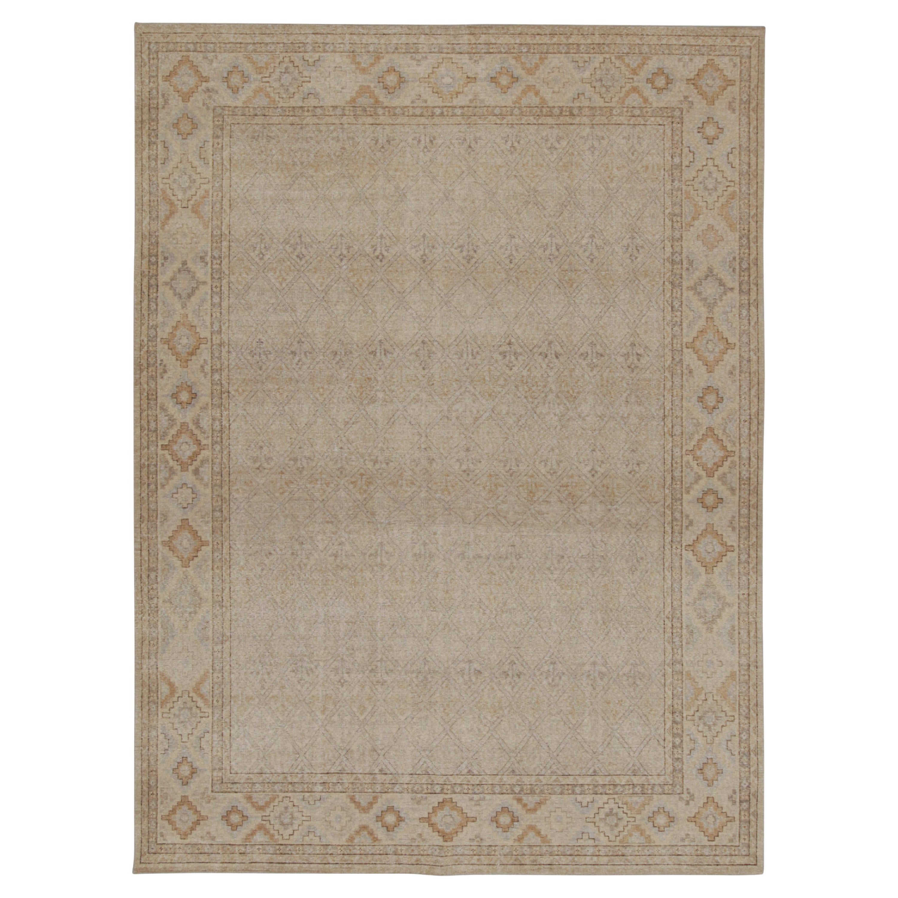 Rug & Kilim’s Distressed Style Rug in Beige, Gray and Blue Geometric Pattern