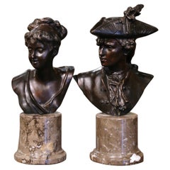 Vintage Pair of Mid-Century French Patinated Bronze Busts on Marble Bases Signed Moreau