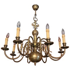 19C Dutch Baroque Style Antique Brass 8 Branch Chandelier