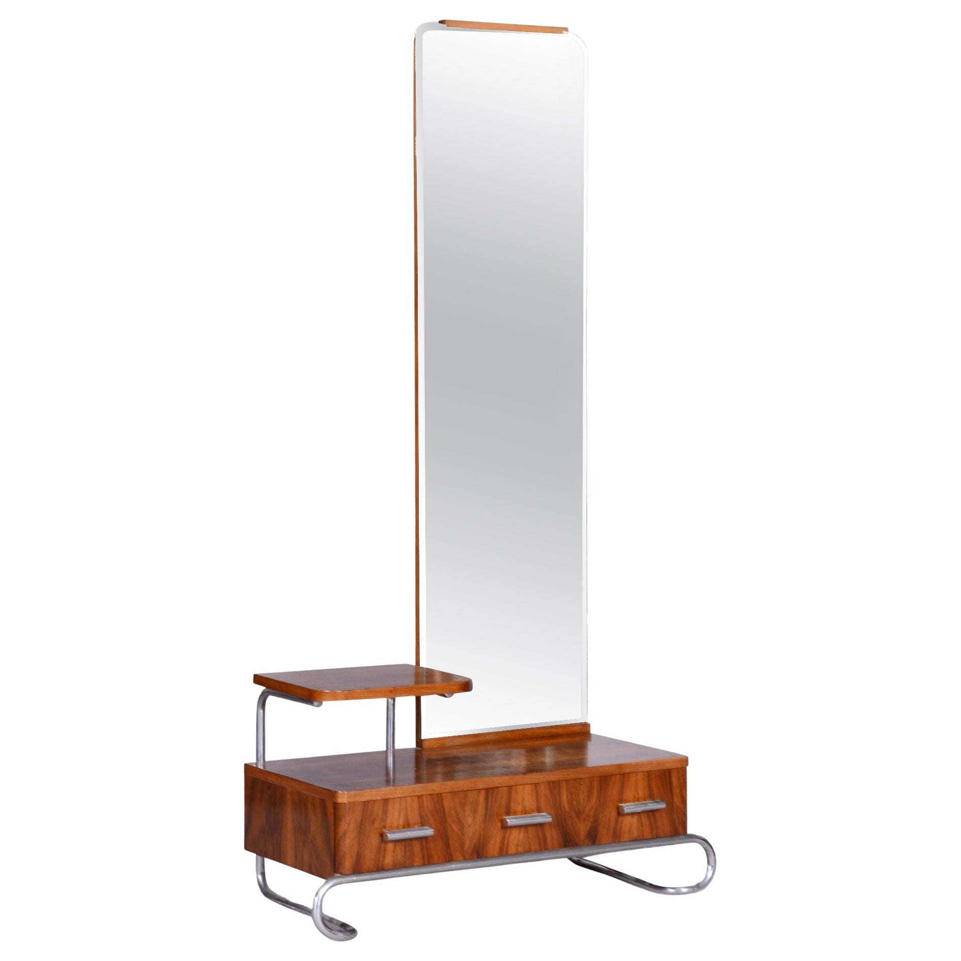 Restored Bauhaus Dressing Mirror, Mücke Melder, Chrome, Walnut, Czechia, 1930s For Sale
