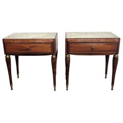Vintage Pair of Italian Midcentury Art Deco Nightstands Bedside Tables Walnut Glass Top