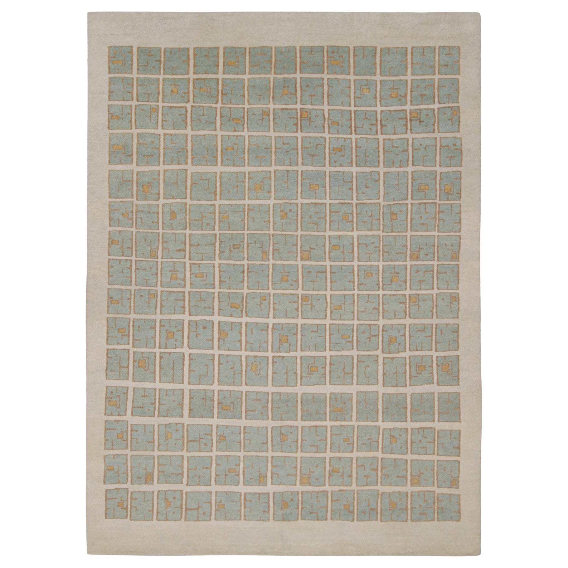Rug & Kilim's French Style Art Deco rug with White & Blue Geometric Patterns (tapis Art déco de style français avec des motifs géométriques blancs et bleus)