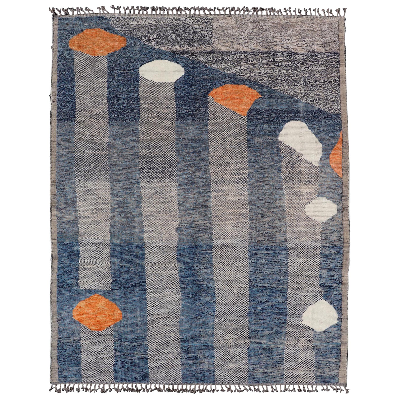Modern Casual Hand Knotted Piled Rug in Blue's With Abstract Modern Design