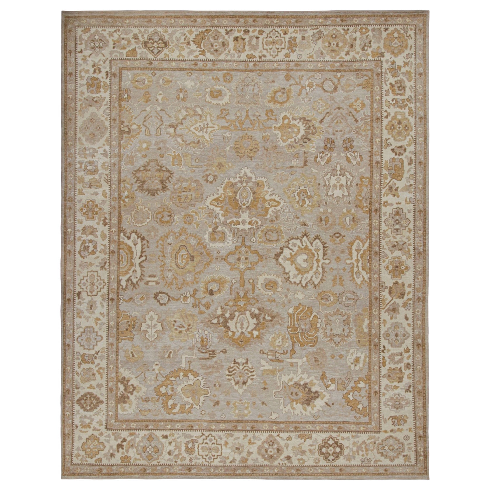 Rug & Kilim’s Oushak Style Rug in Beige-Brown & Gold Floral Pattern For Sale