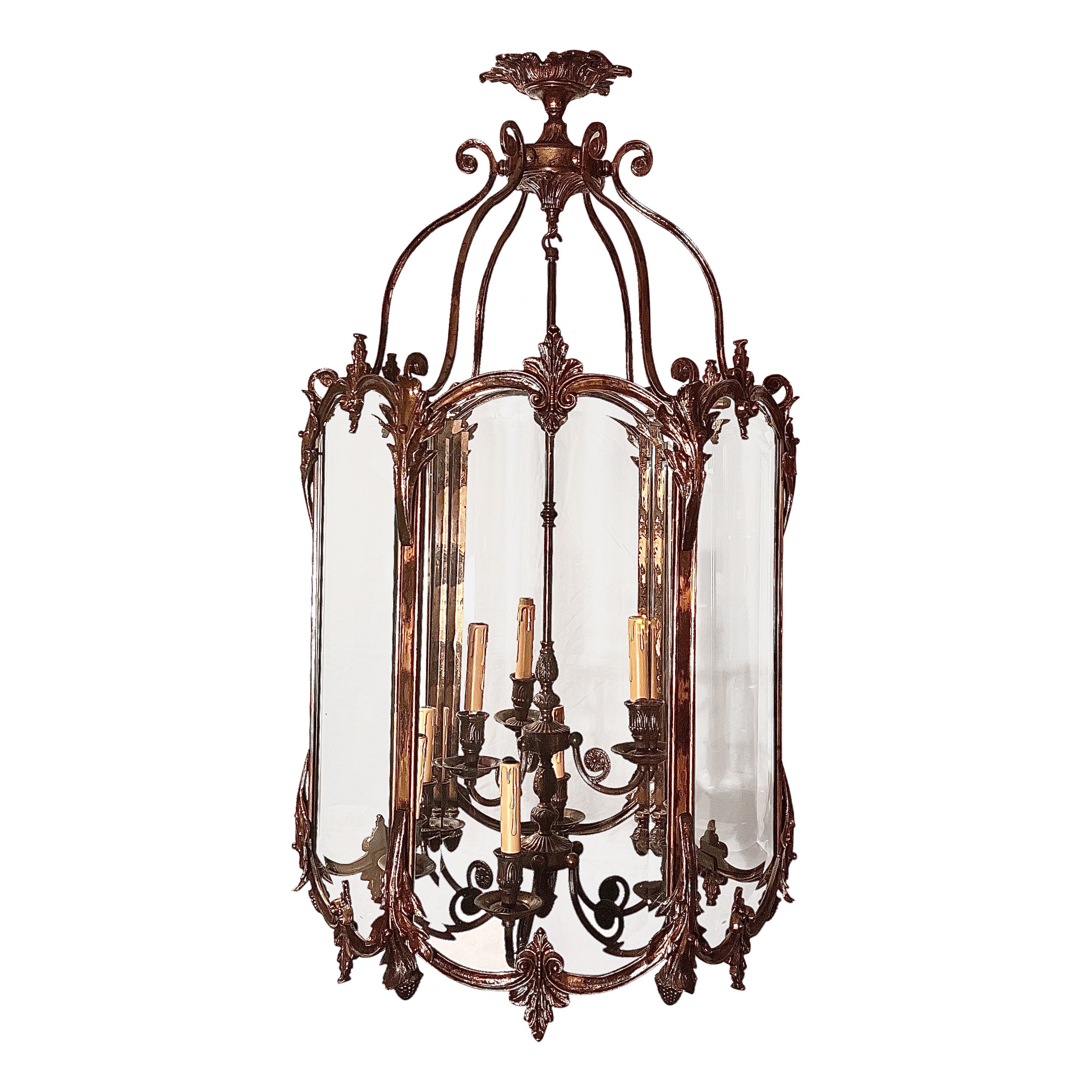 Antique Bronze Lantern with Beveled Glass, Circa 1910-1920. For Sale