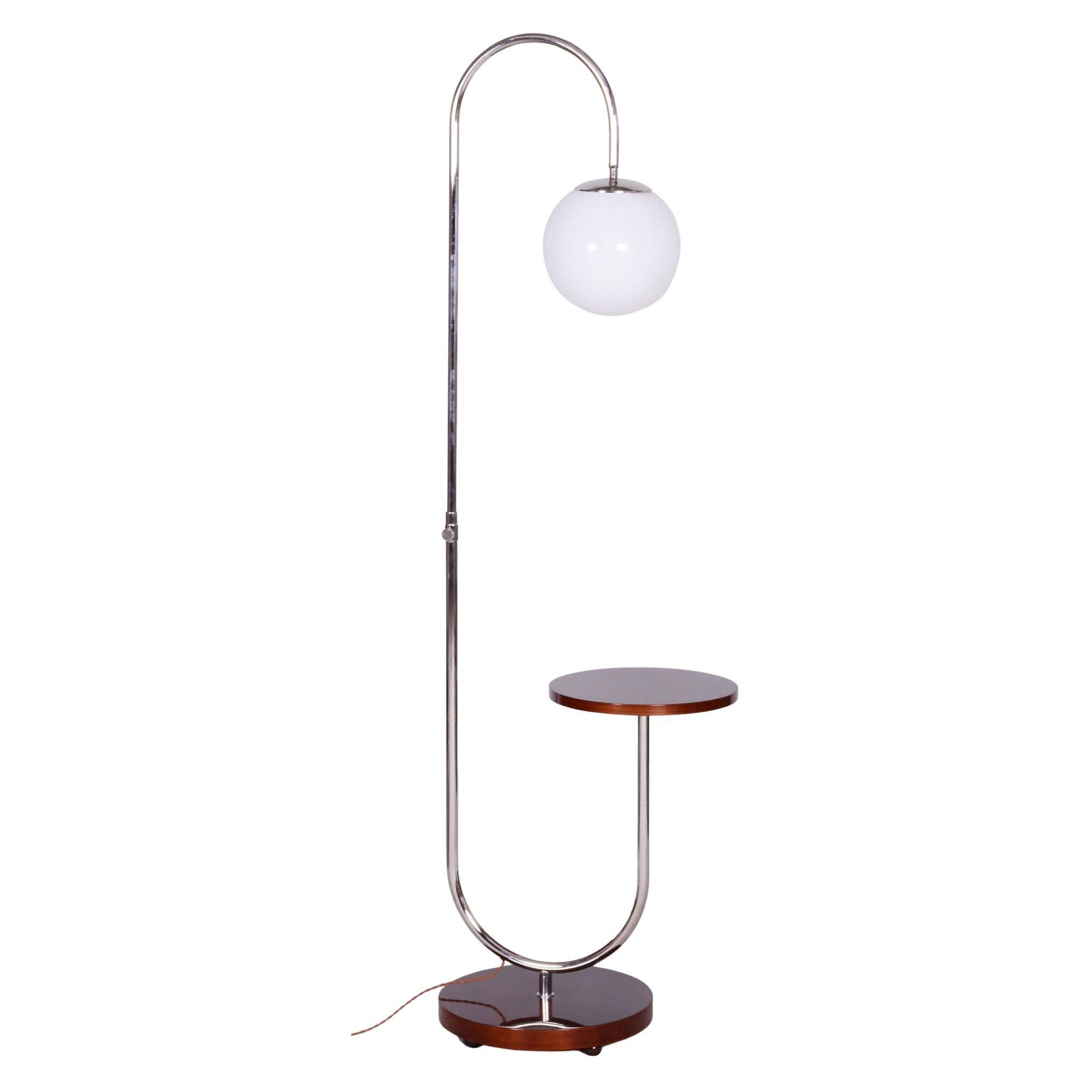 Restored Bauhaus Floor Lamp, High Gloss, Walnut, Chrome, Czechia, 1930s