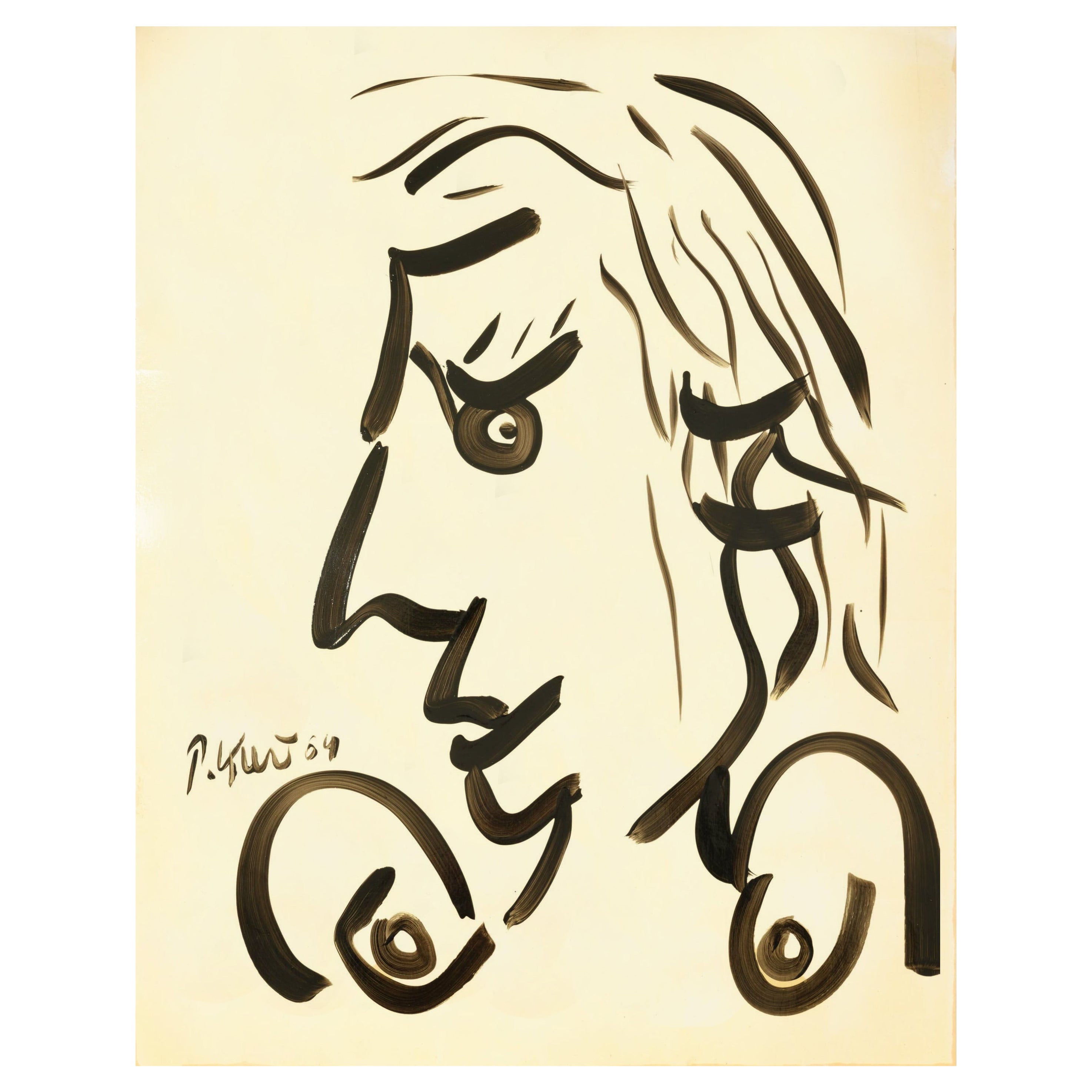 Pintura de Peter Keil, Acrílico sobre papel, Dama de perfil, C 1964, Sin marco, Firmado en venta