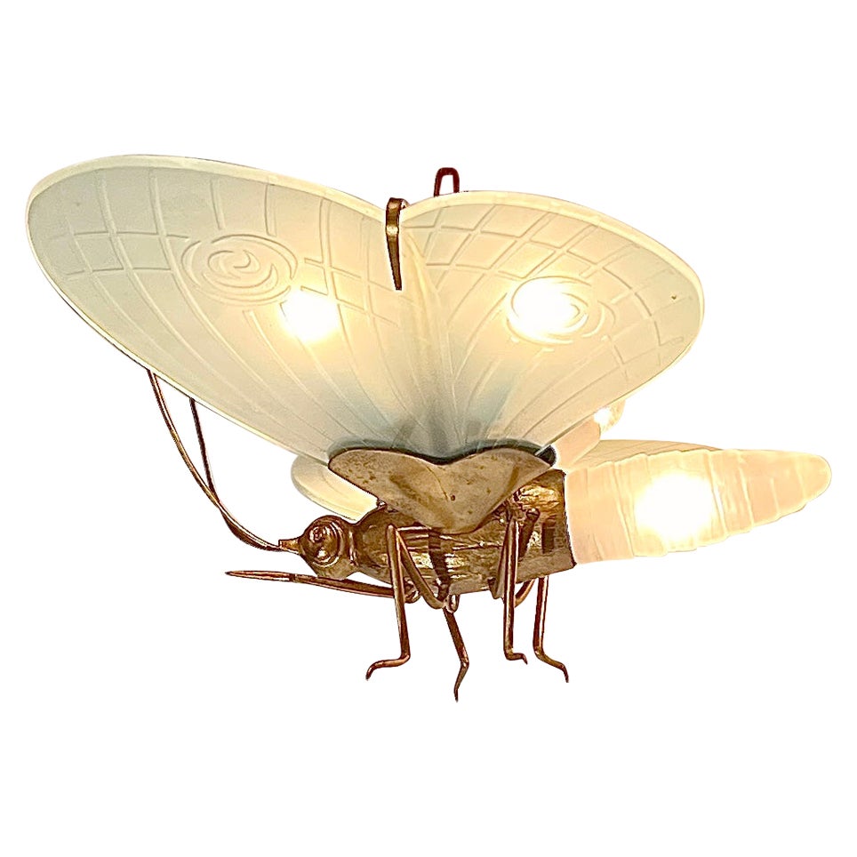 Estate "Art Deco" Brass & Frosted Art Glass Figural Bee Chandelier, Circa 1930's