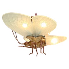 Vintage Estate "Art Deco" Brass & Frosted Art Glass Figural Bee Chandelier, Circa 1930's