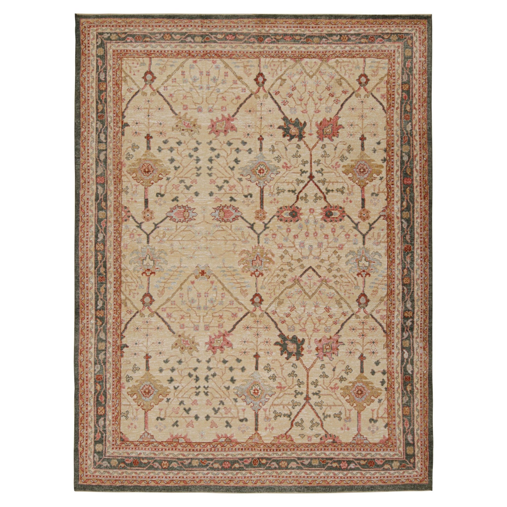Rug & Kilim’s Oushak Style Rug In Gold with Polychromatic Geometric Patterns For Sale