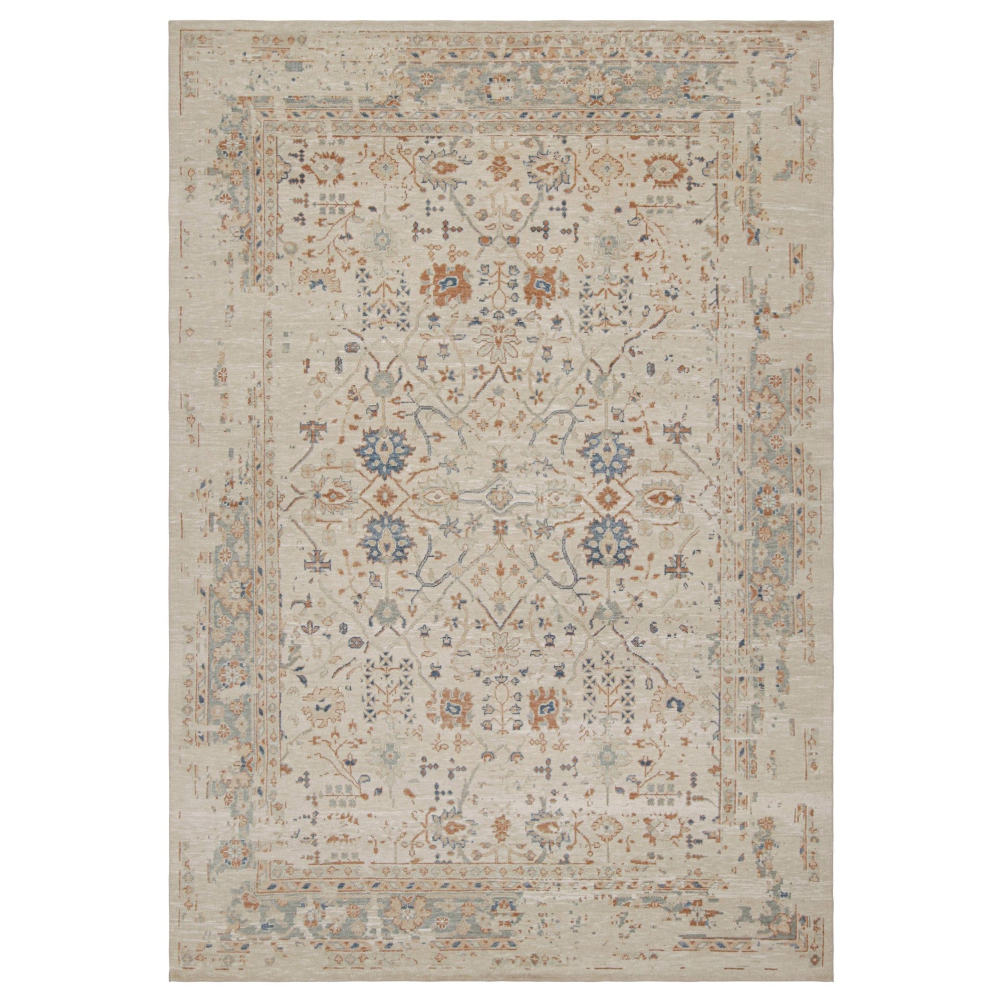 Rug & Kilim’s Oushak Style Rug with Brown-Blue Floral Pattern on Greige For Sale
