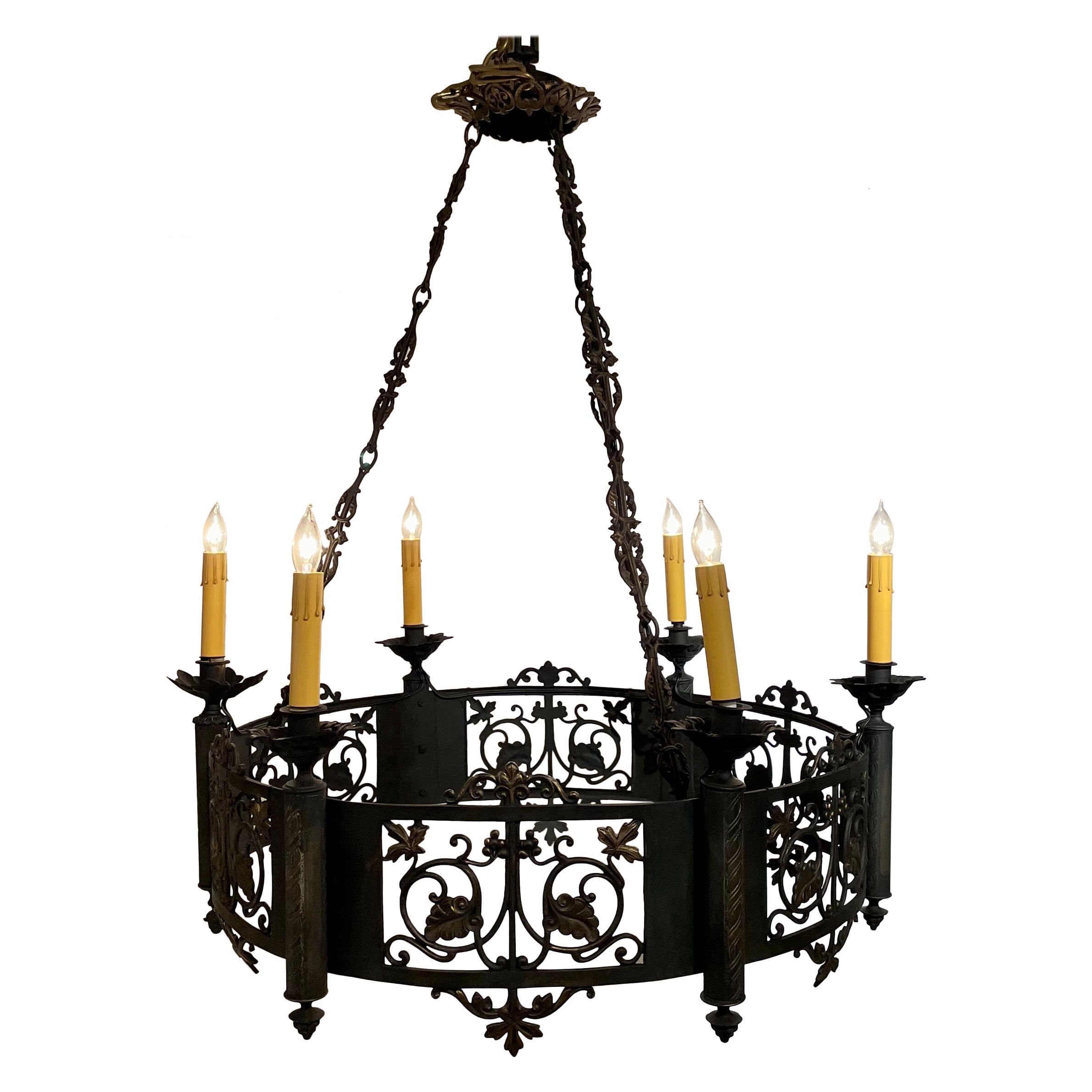 Antique French Patinated Bronze 6 Light Chandelier, Circa 1885. For Sale