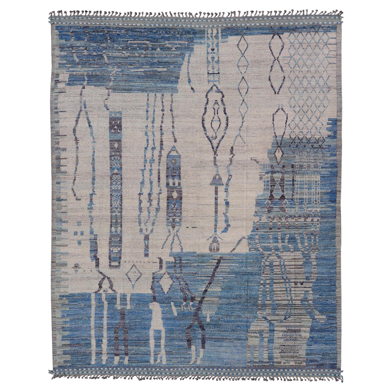 Large Afghan Modern Contemporary Abstract Rug in White and Shades of Blue.  For Sale
