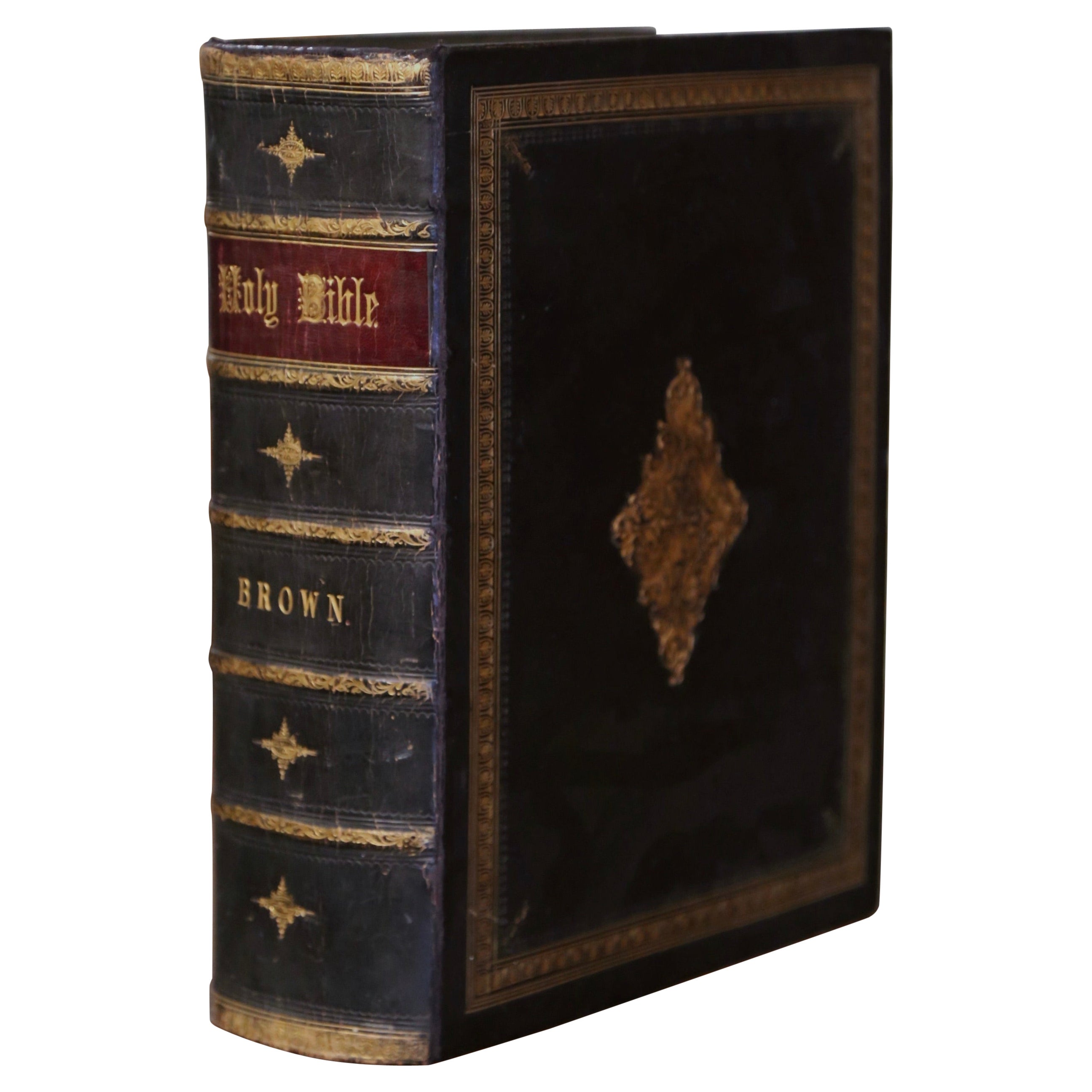 19th Century English Leather Bound and Gilt Holy Bible by John Brown Dated 1864 For Sale