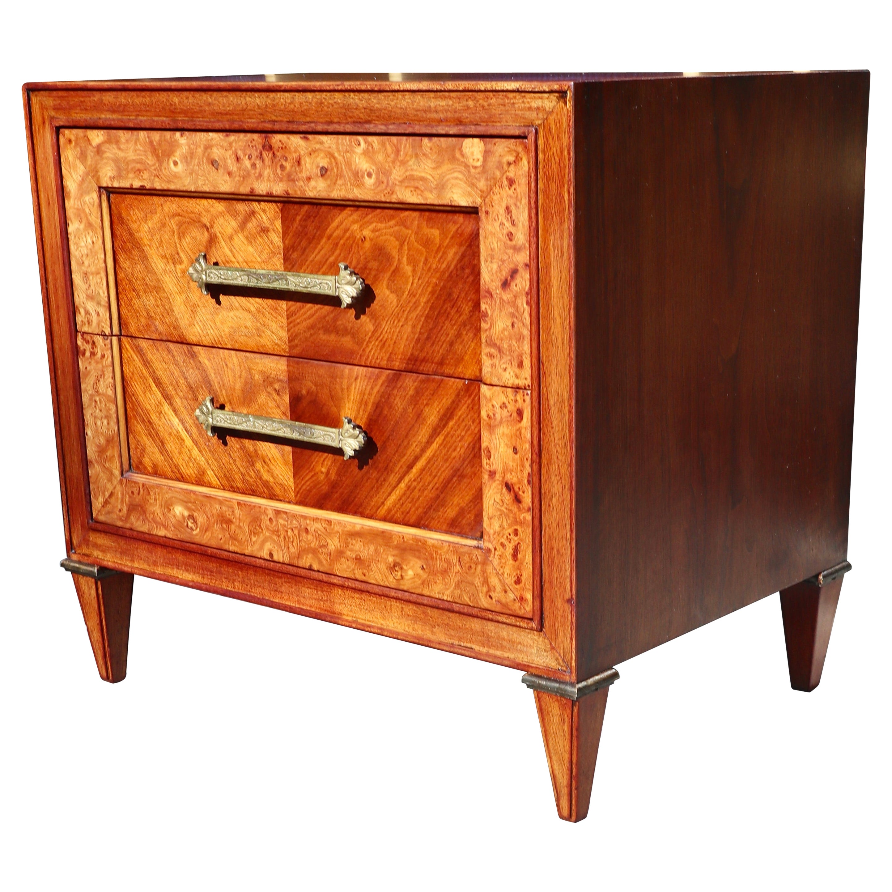 Antique 1920s Mahogany & burr Walnut nightstand/Chest Of two Drawers For Sale