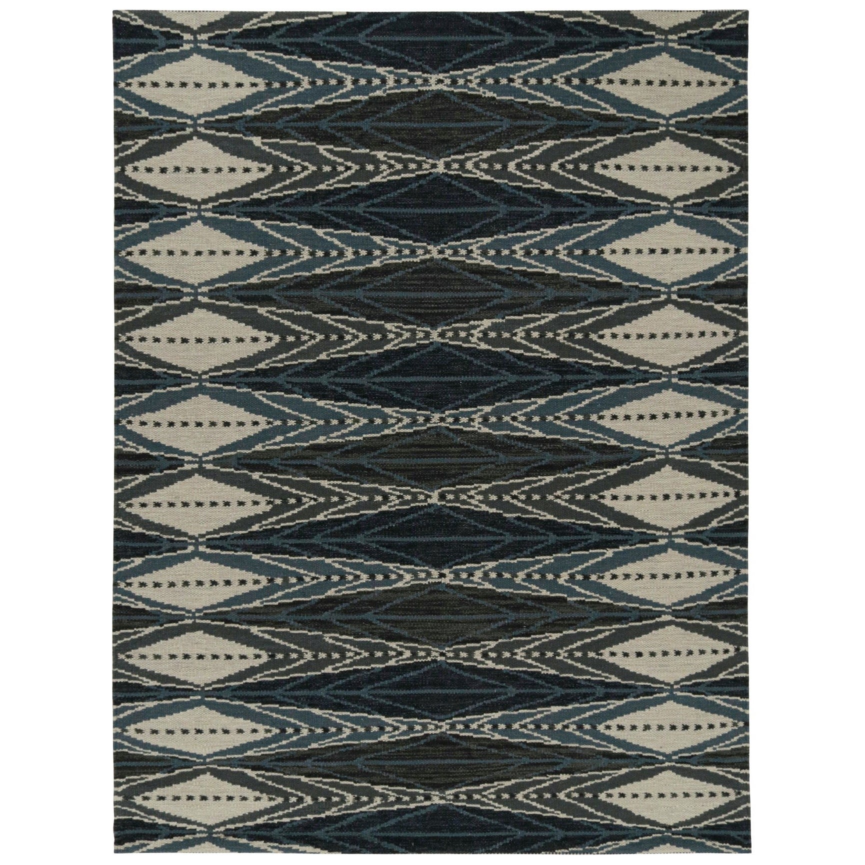 Rug & Kilim’s Scandinavian Style Kilim in Blue & Grey Geometric Patterns For Sale