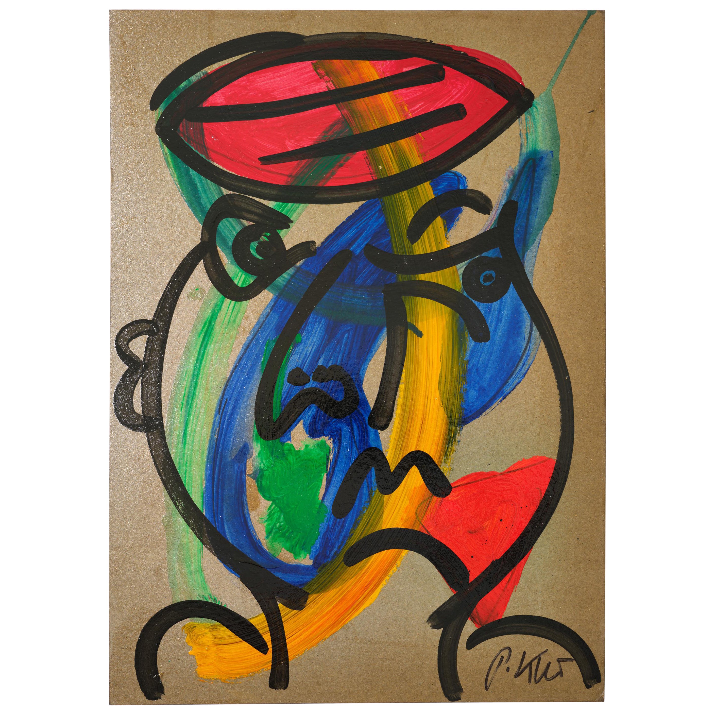 Peinture de Peter Keil, 1977, rouge/bleu/vert/jaune, acrylique sur papier, signée