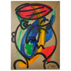Peinture de Peter Keil, 1977, rouge/bleu/vert/jaune, acrylique sur papier, signée