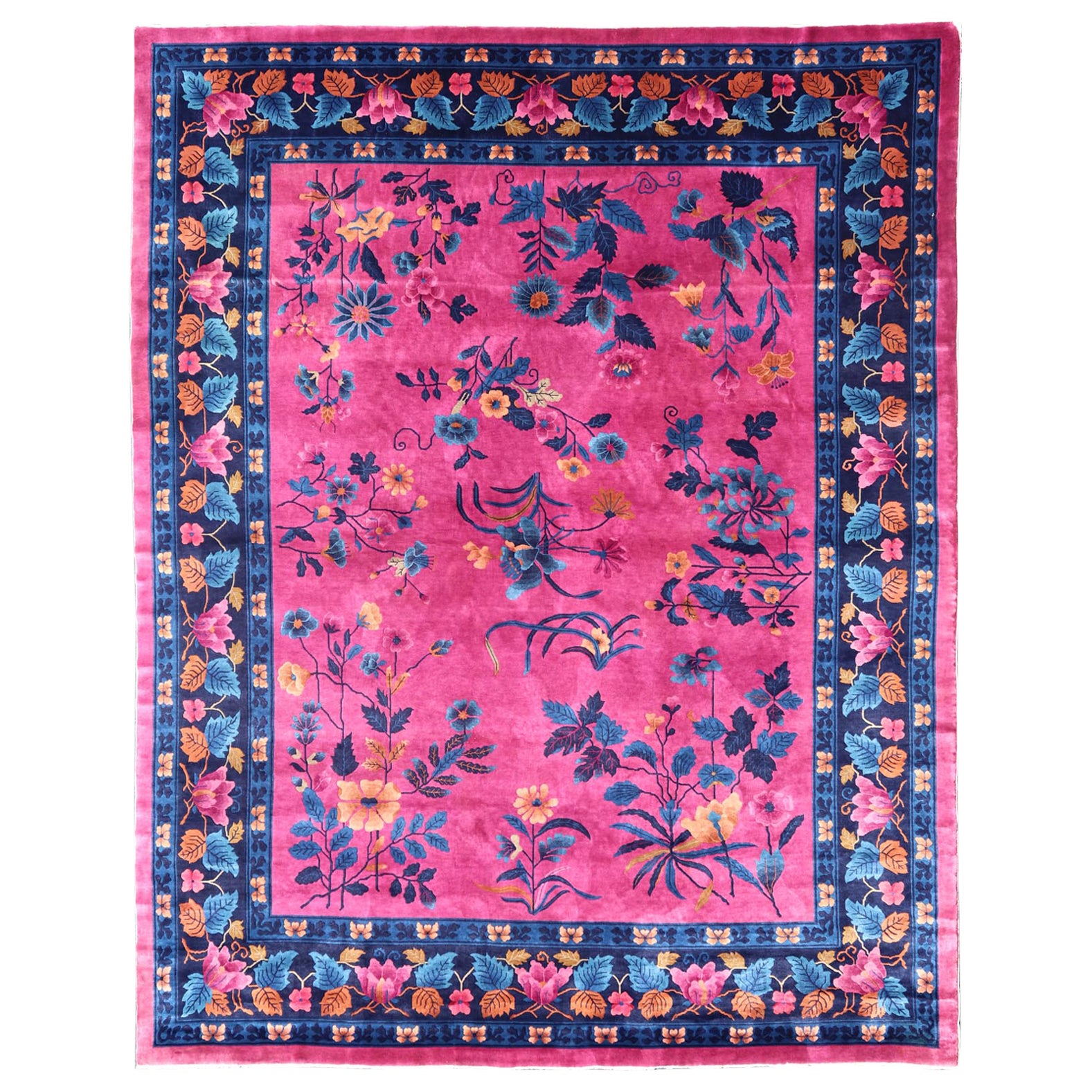 Magenta Background Chinese Art Deco Rug with Large Vining Flowers and Leaves 
