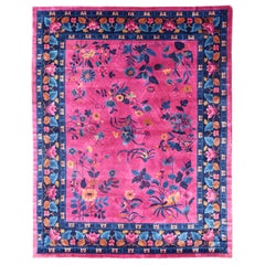 Used Magenta Background Chinese Art Deco Rug with Large Vining Flowers and Leaves 