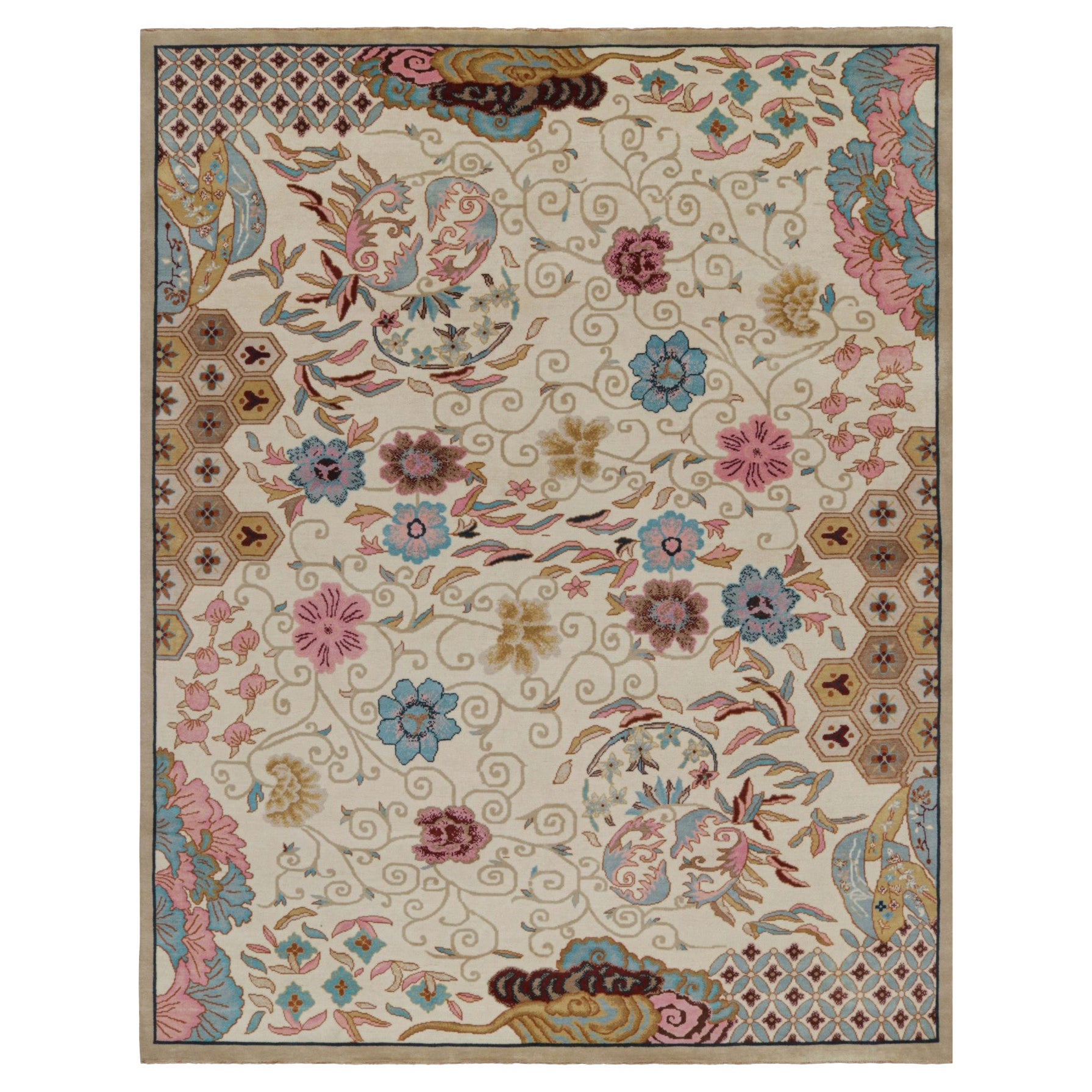 Rug & Kilim’s Chinese Art Deco Style Rug in Beige with Floral Patterns For Sale