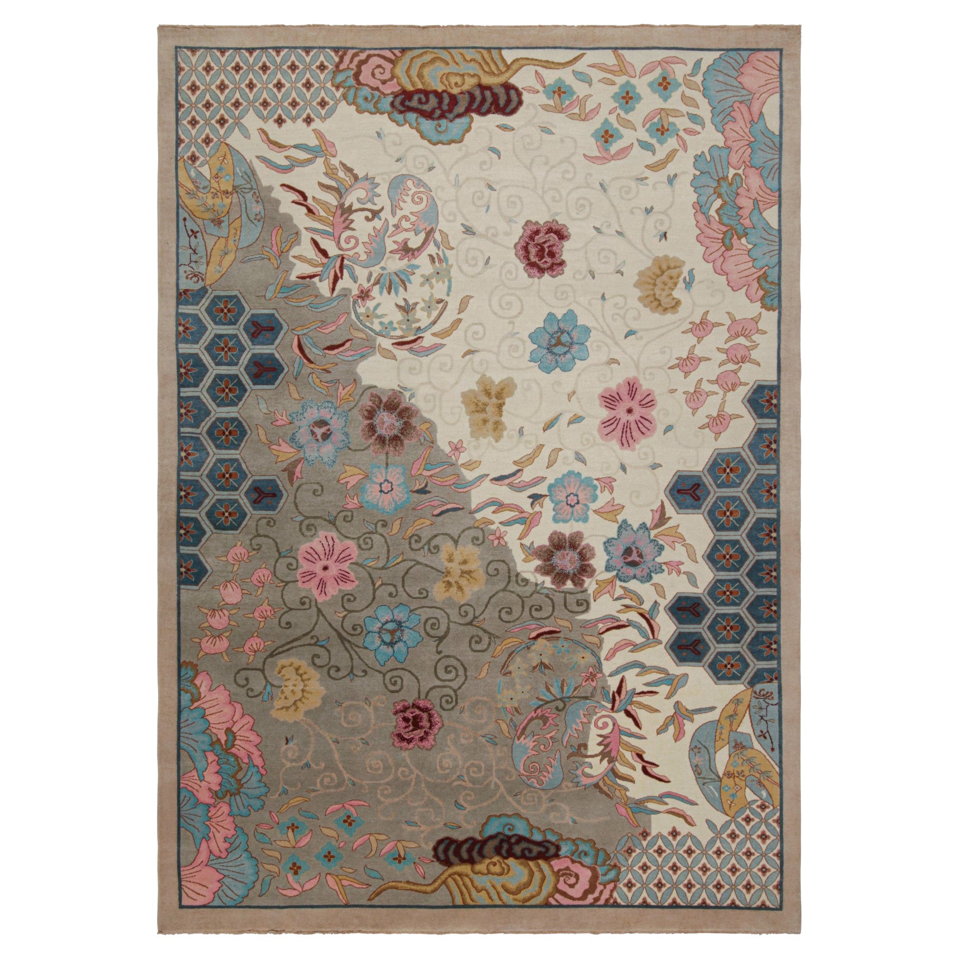 Rug & Kilim’s Chinese Art Deco Style Rug in Grey with Floral Patterns For Sale