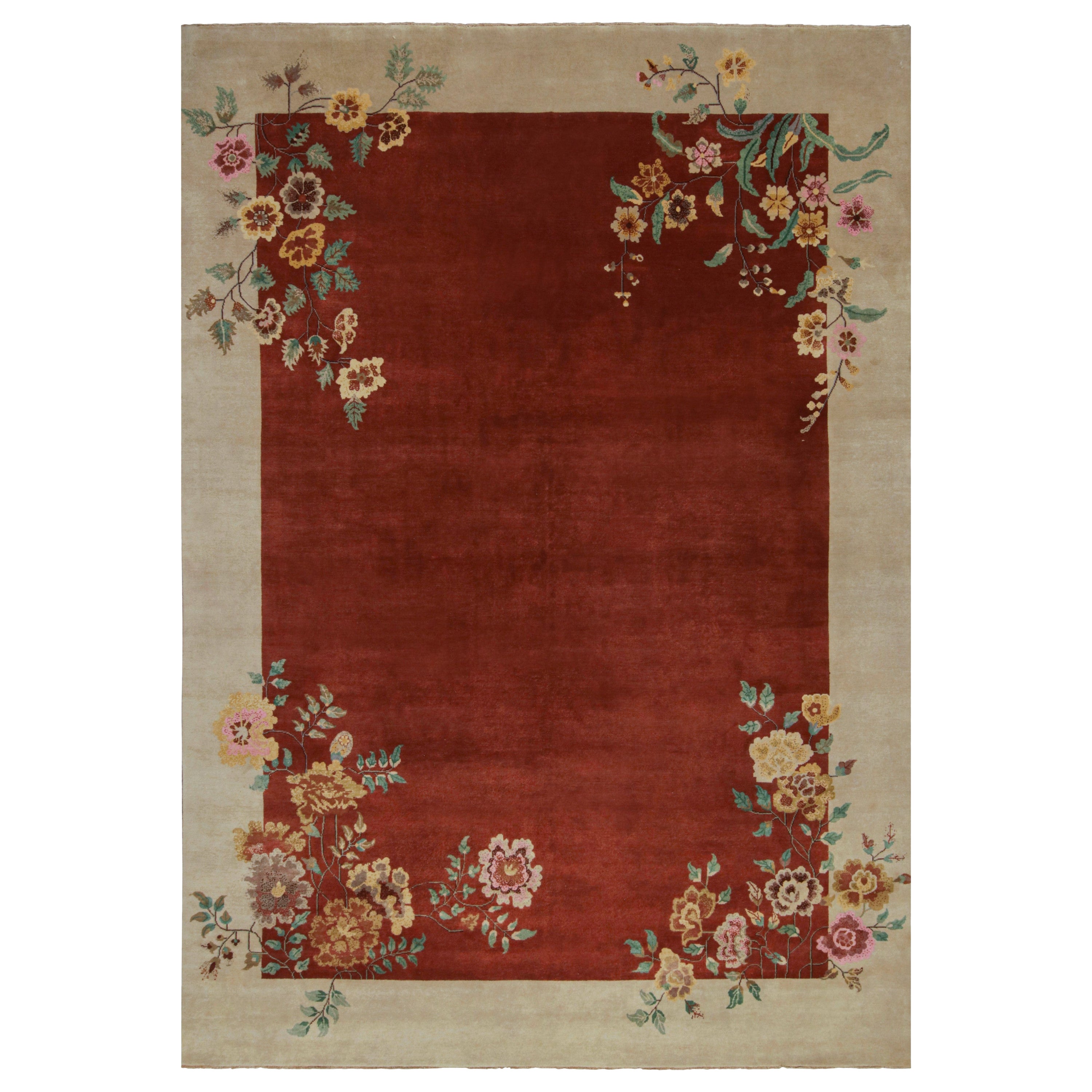 Rug & Kilim’s Chinese Art Deco Style rug in Red & Cream with Floral Pattern For Sale