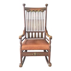 19th Century Leather and Brass Trimmed Soleil Oak Rocking Chair 