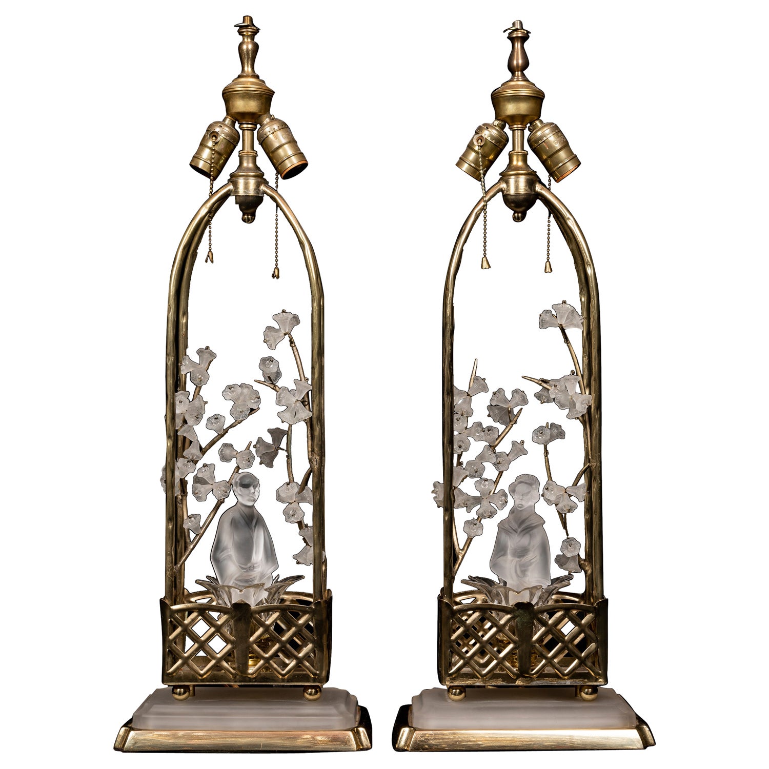Pair of French Crystal and silvered Chinoiserie Lamps in style of Maison Bagues