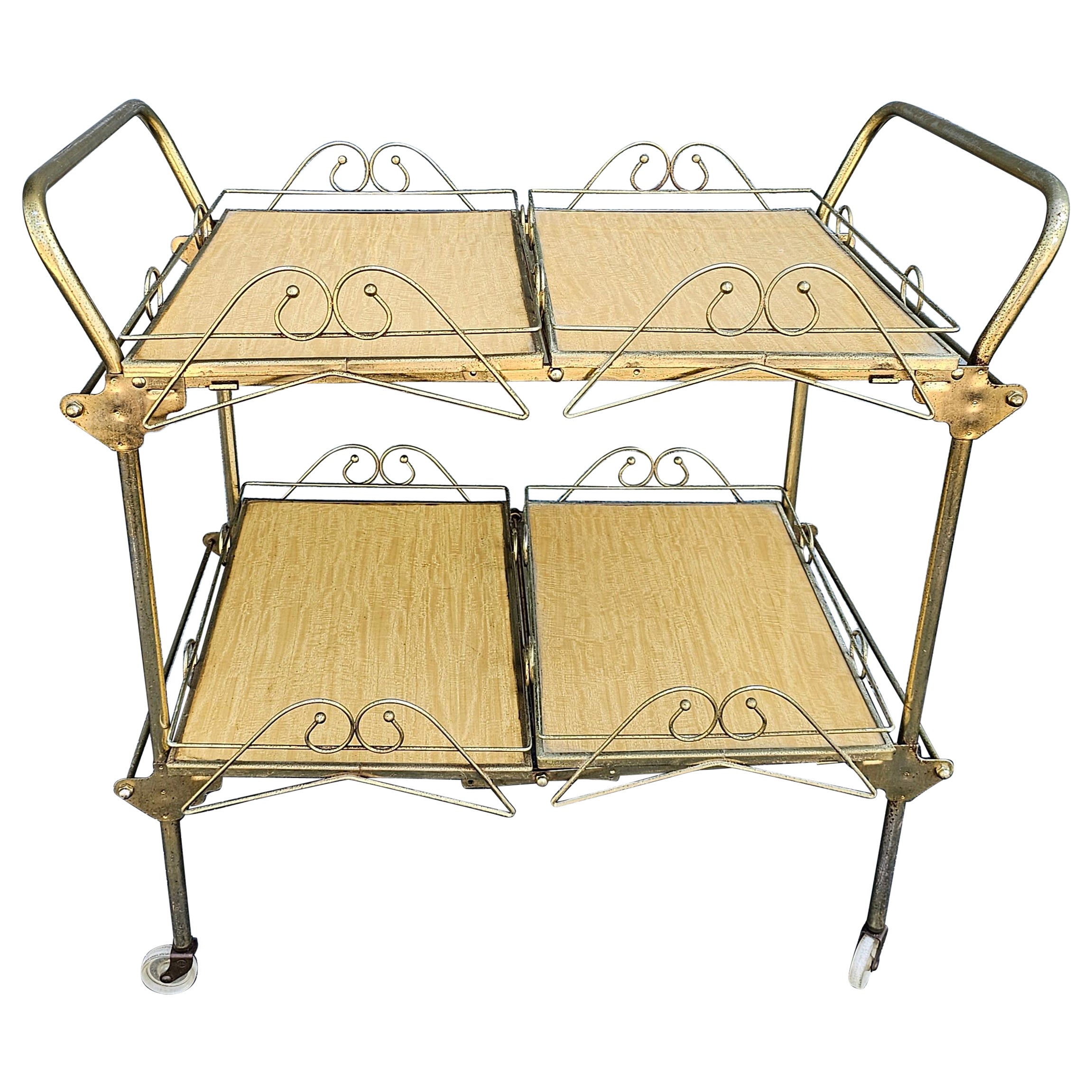 1960s Vintage Cesare Lacca Style Rolling and Folding 4-Tray Bar Cart For Sale
