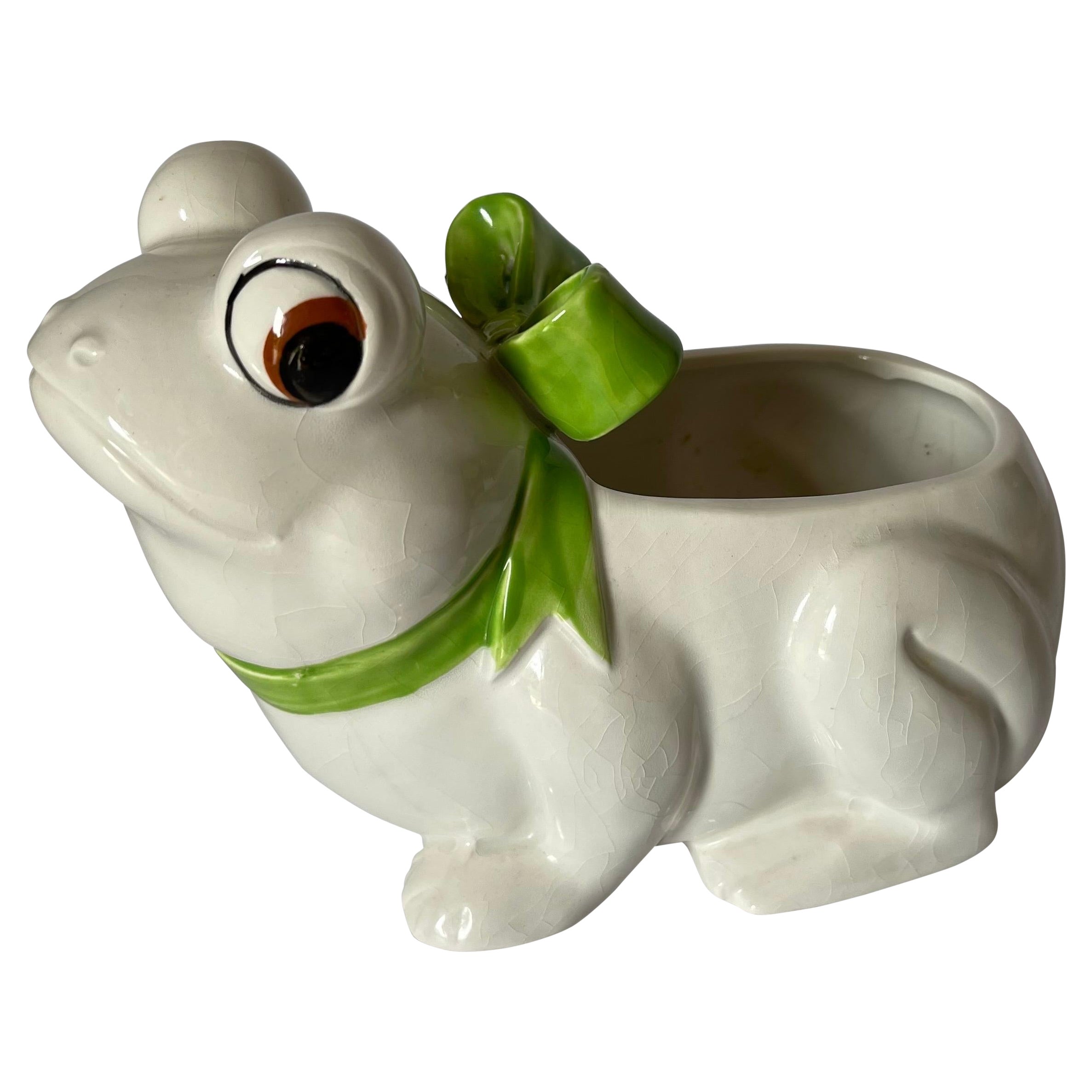 1970s Ceramic Frog Planter with Green Bow For Sale