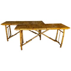 Pair of French Modern Bamboo Trestle Console Tables 