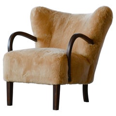 Danish 1940's Easy Lounge Chair in Amber Sheepskin attributed to Viggo Boesen