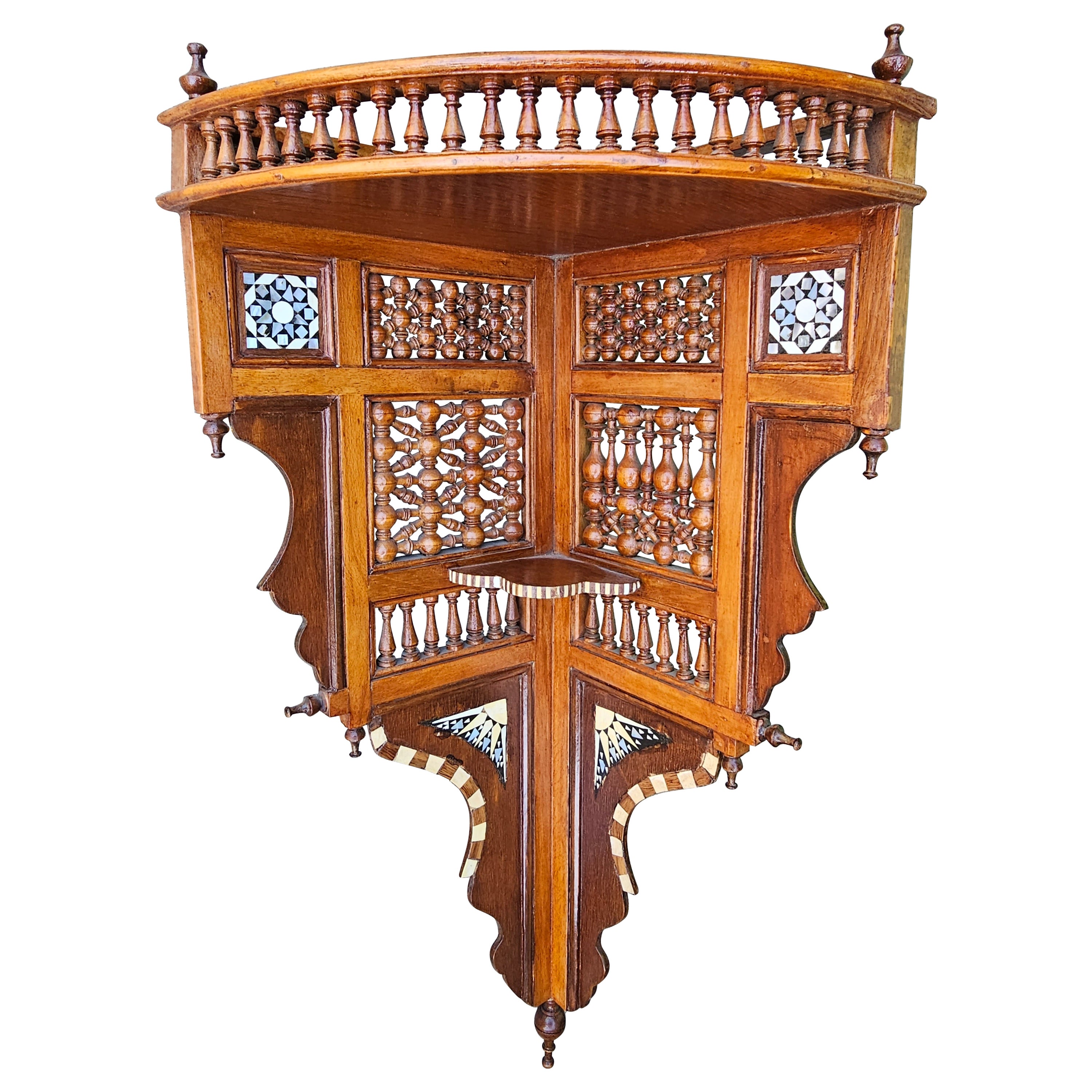 Syrian Bone And Ebony Wood Inlaid Mahogany Corner Wall Shelf