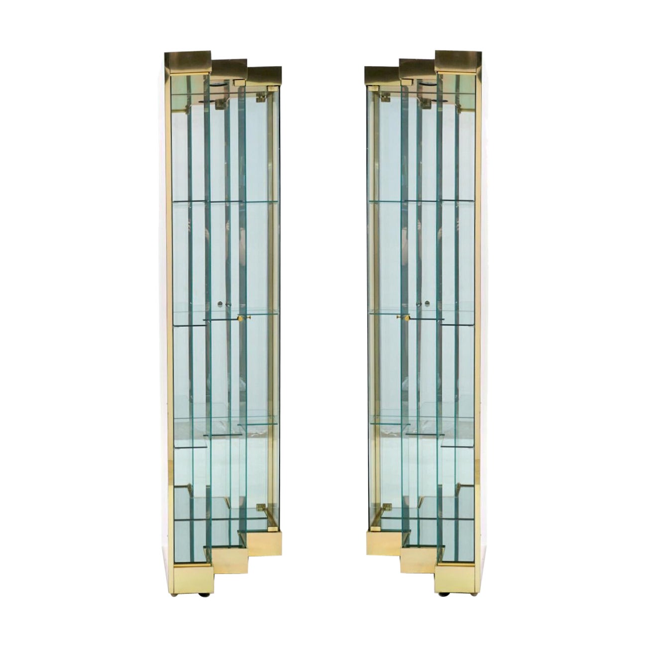 Pair Glass and Brass Display Cabinets. Corner or Freestanding w/ Stairstep doors