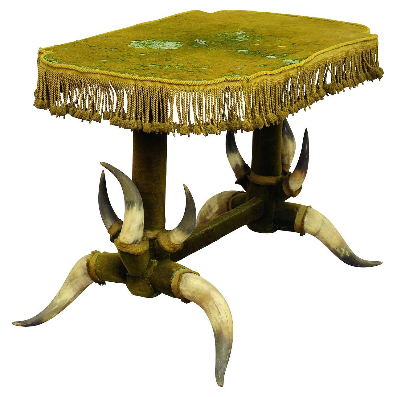 Antique Bull Antler Table with Green Velvet ca. 1870 For Sale