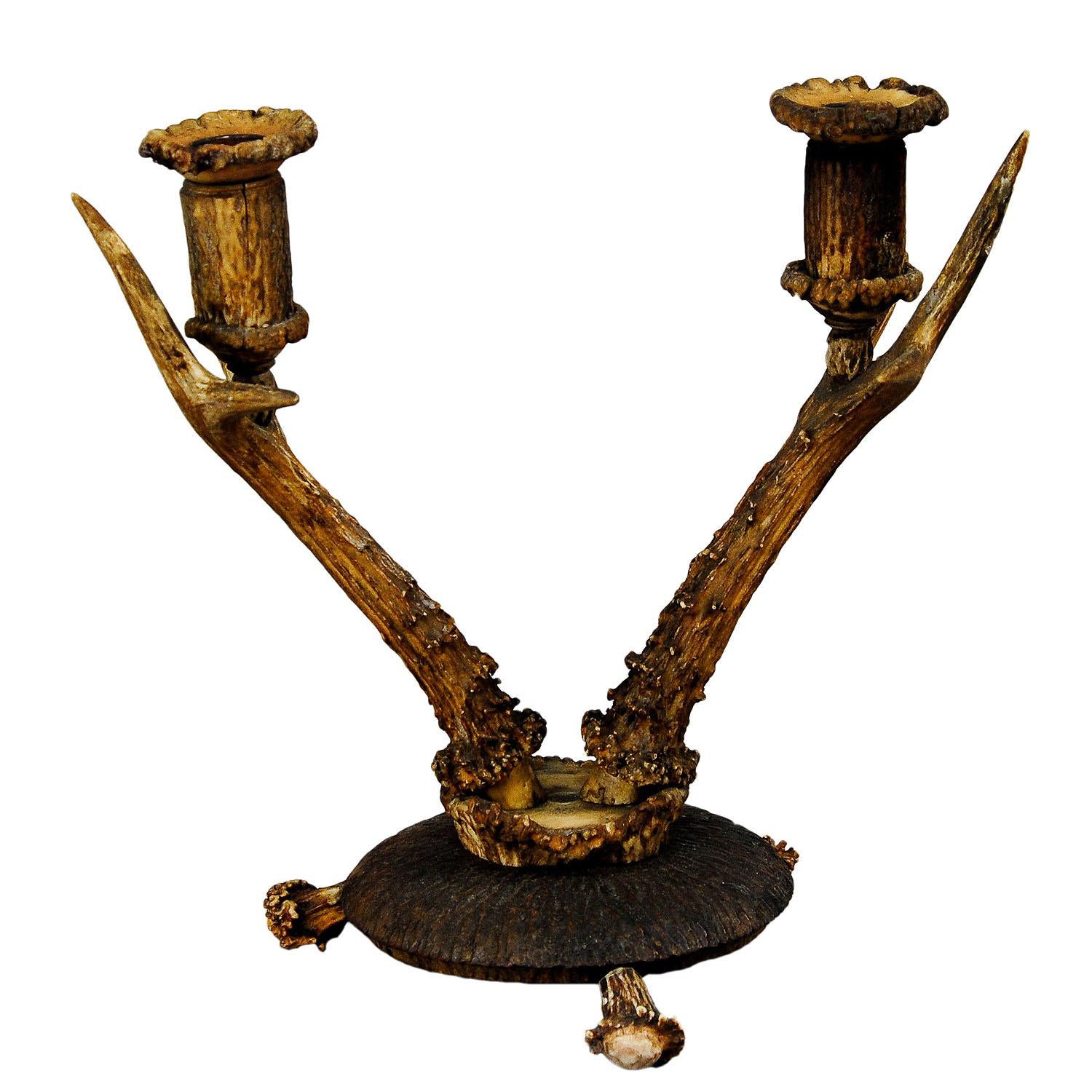 Antique Cabin Decor Two-Armed Antler Candlestick 1900 For Sale
