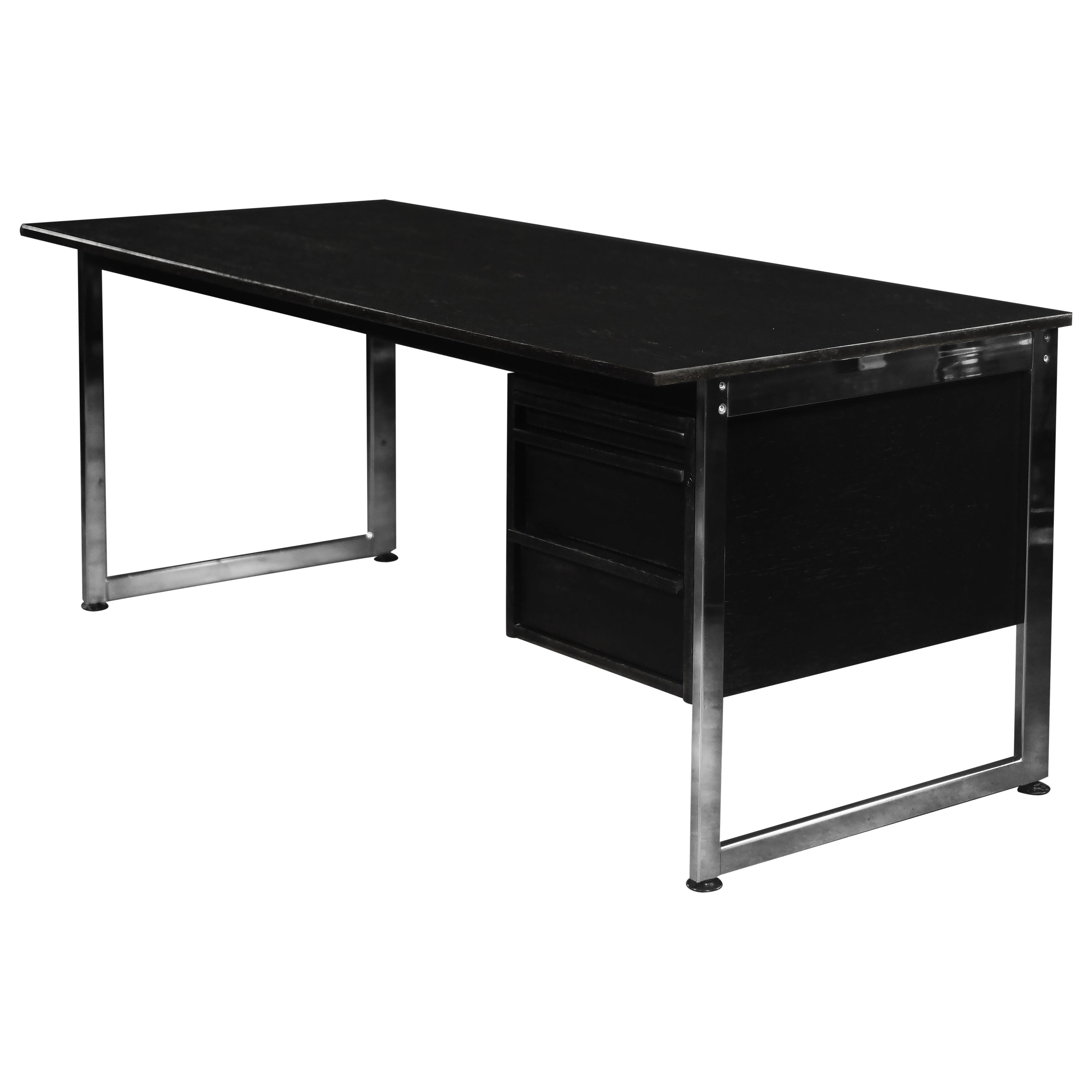 Mid-Century Danish Black Modern Minimalist Oak Office Desk with Chrome Base