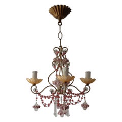 French Petit Pink Opaline Beads, Bobeches and Murano Ribbon Balls Chandelier
