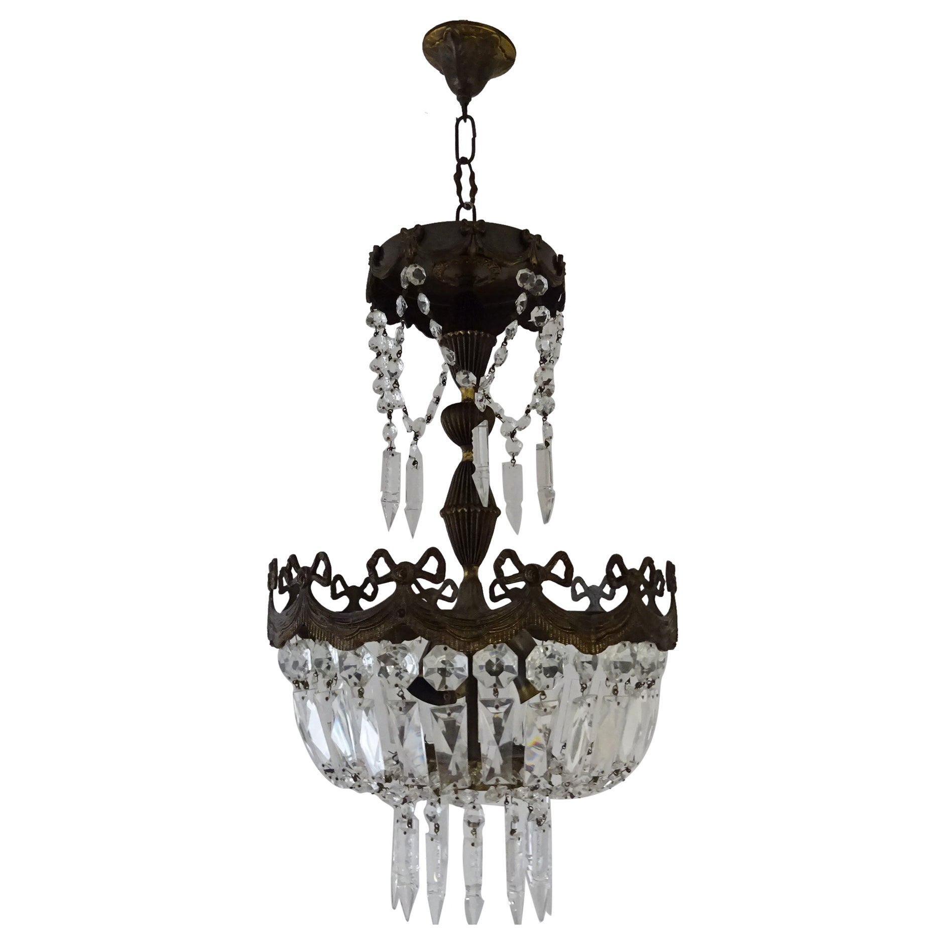 French Empire Bronze Crystal Bows and Flowers Chandelier, circa 1930 For Sale