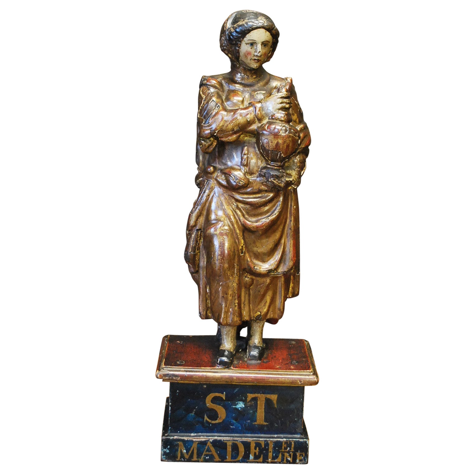 Antique French Carved Wood Polychrome Figure For Sale