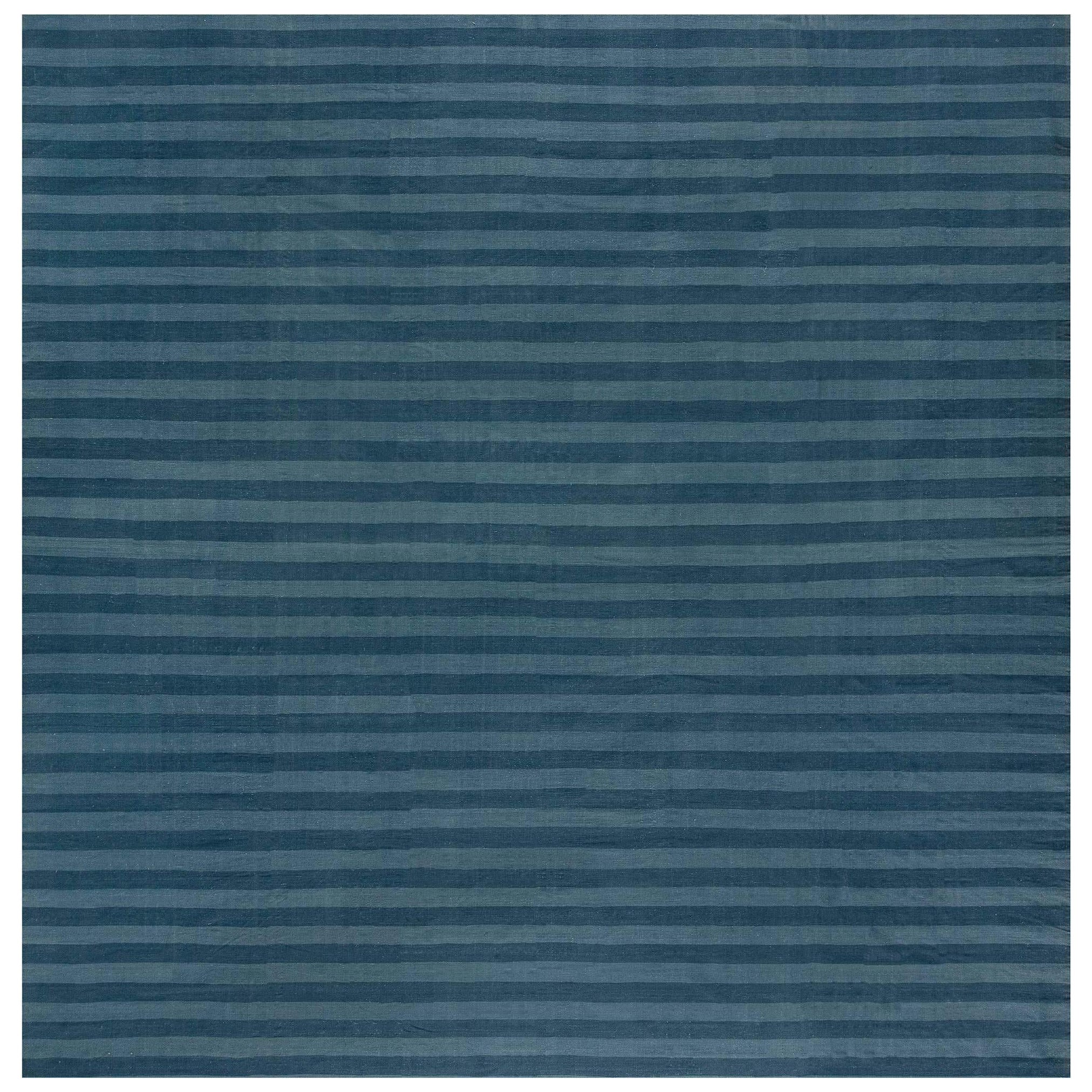 Midcentury Indian Dhurrie Striped Blue Cotton Rug For Sale