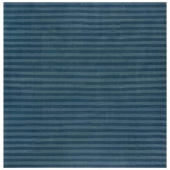 Retro Midcentury Indian Dhurrie Striped Blue Cotton Rug