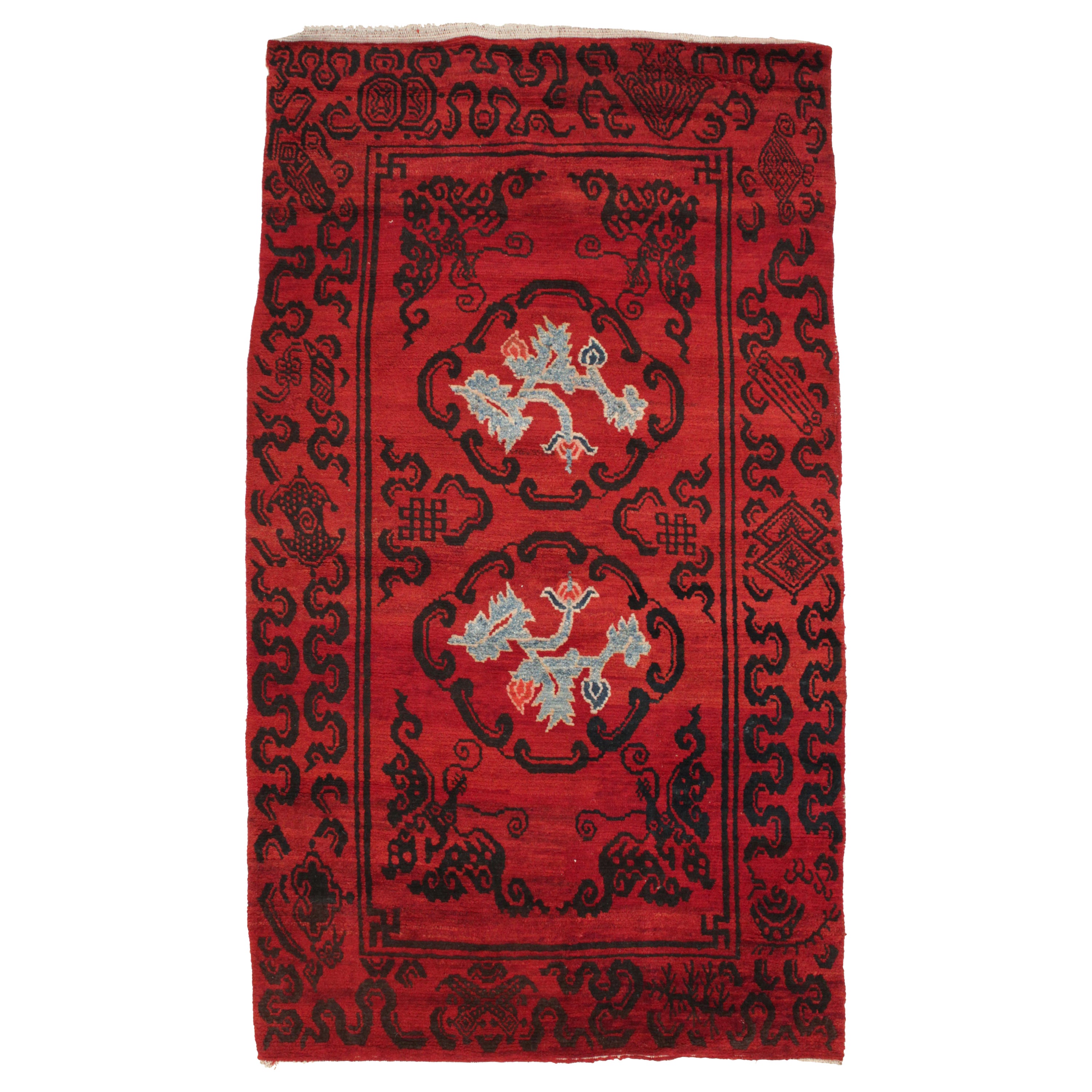 Antique Lacquer Red Tibetan Khaden Rug with Lotus Flowers and Cloud Bands For Sale
