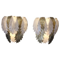 Pair of Golden and White Murano Glass Sconces in Leaves Shape