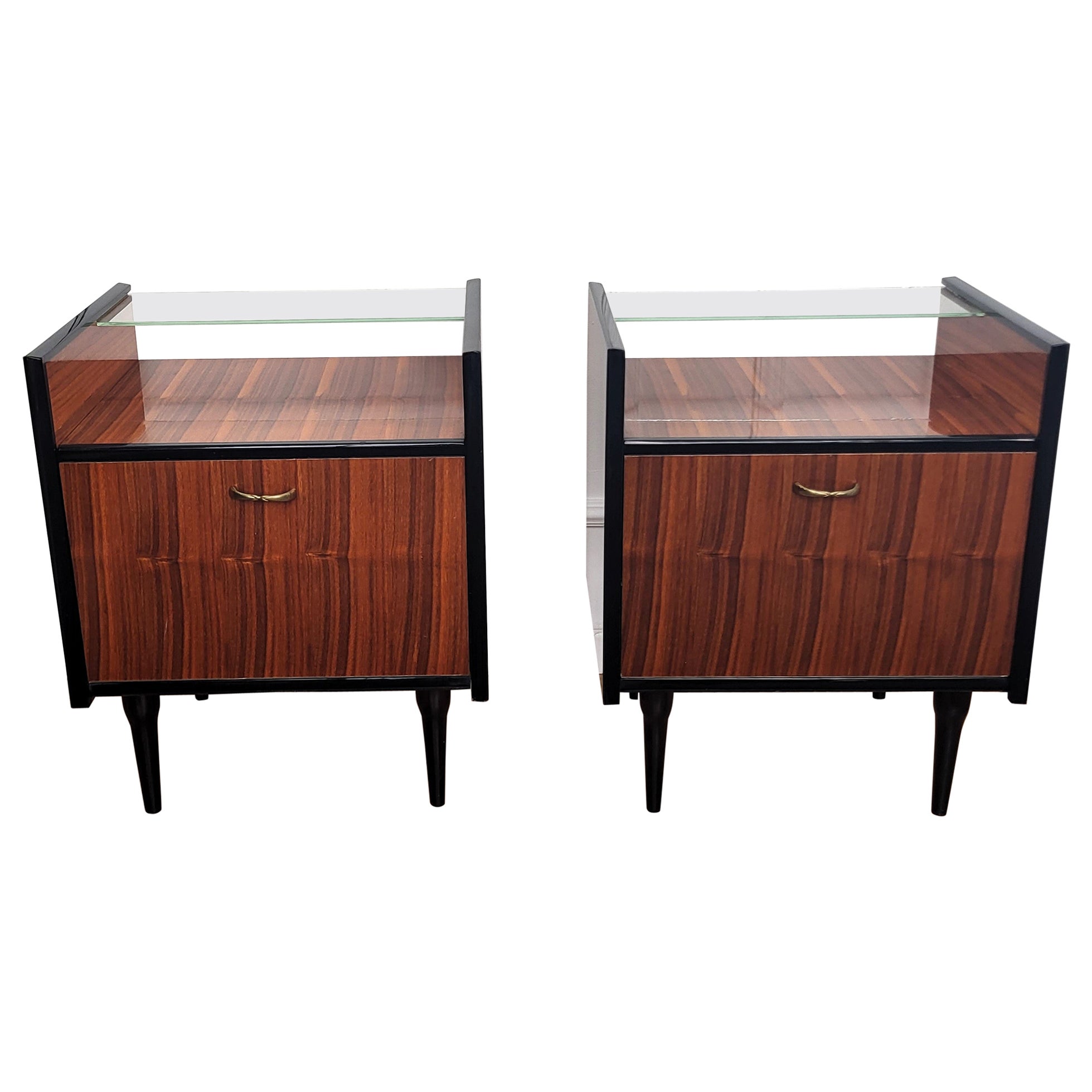 Italian Midcentury Art Deco Night Stands Bedside Tables Wood Brass & Glass